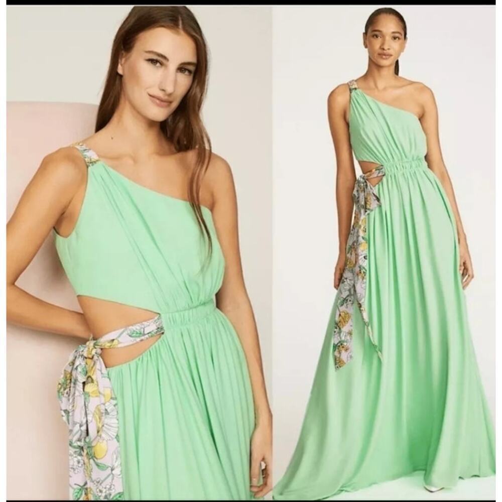 Amur Zela One Shoulder Gown sherbet green with lavender floral side tie